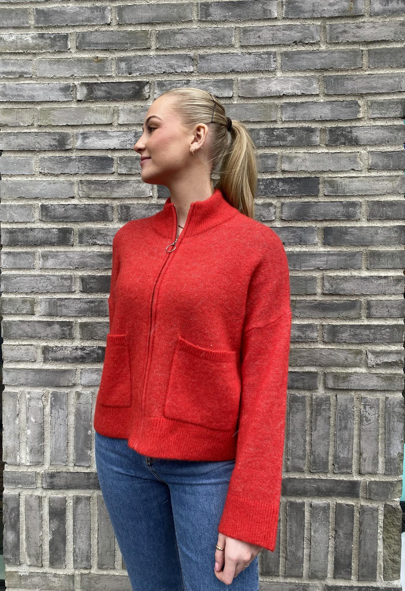 Sia Ras Zipper Strikket Cardigan- Rød/ Flame Scarlet