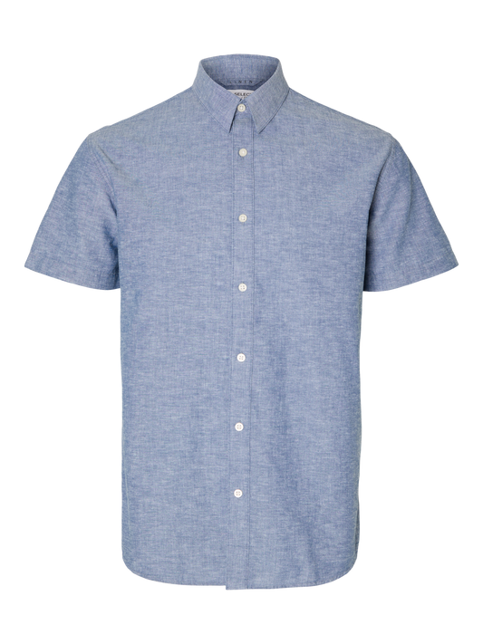 Regular kort arm lin skjorte - Blå/ Medium Blue Denim