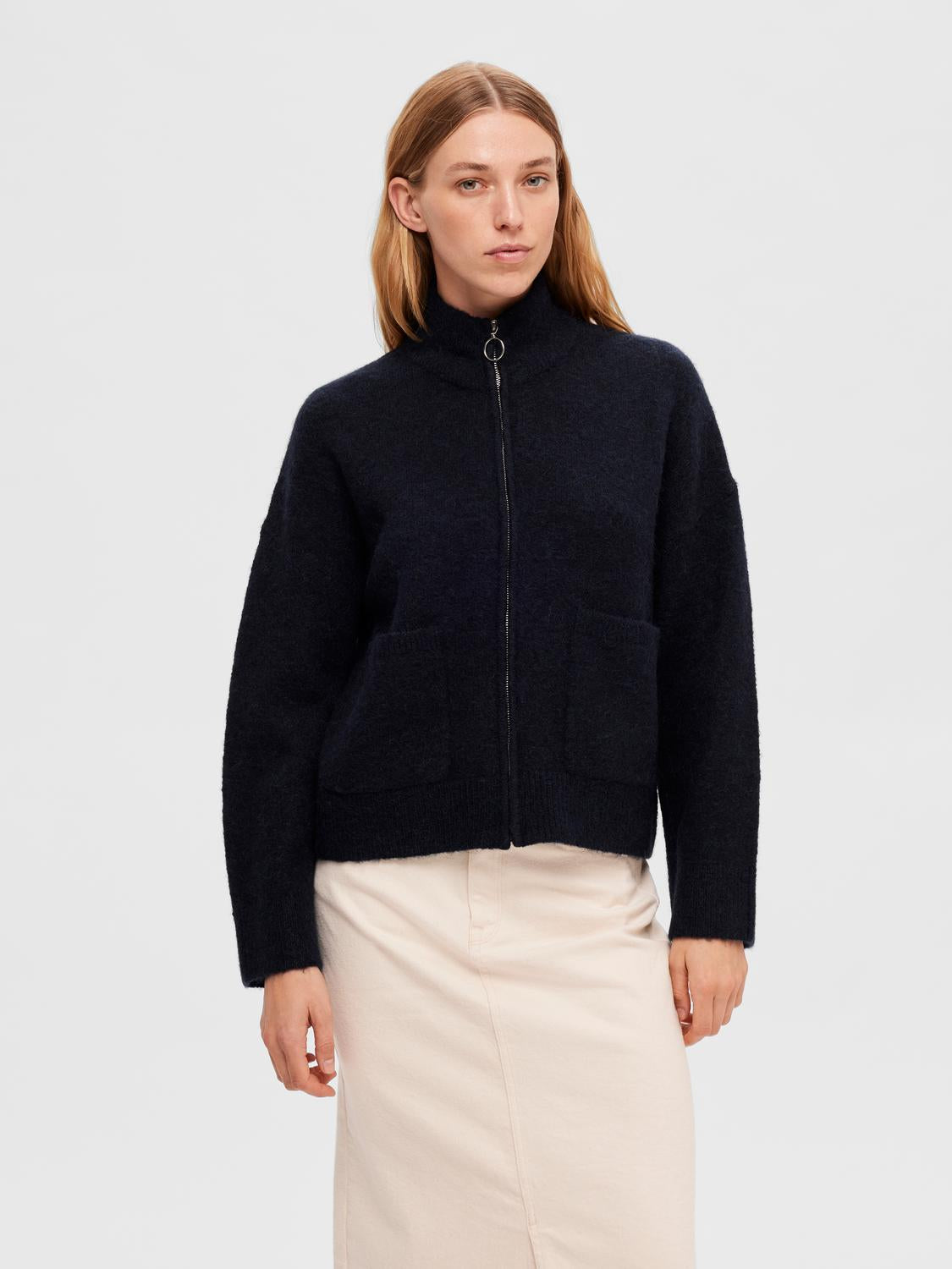 Sia Ras Zipper Strikket Cardigan - Blå/ Dark Sapphire