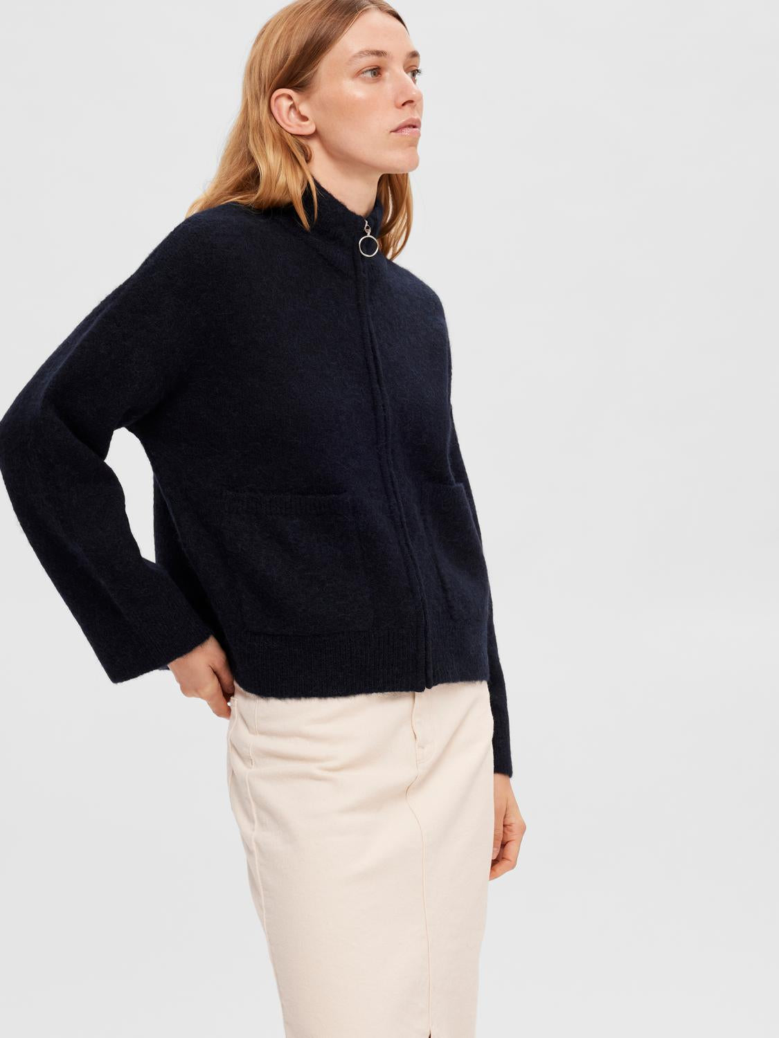 Sia Ras Zipper Strikket Cardigan - Blå/ Dark Sapphire