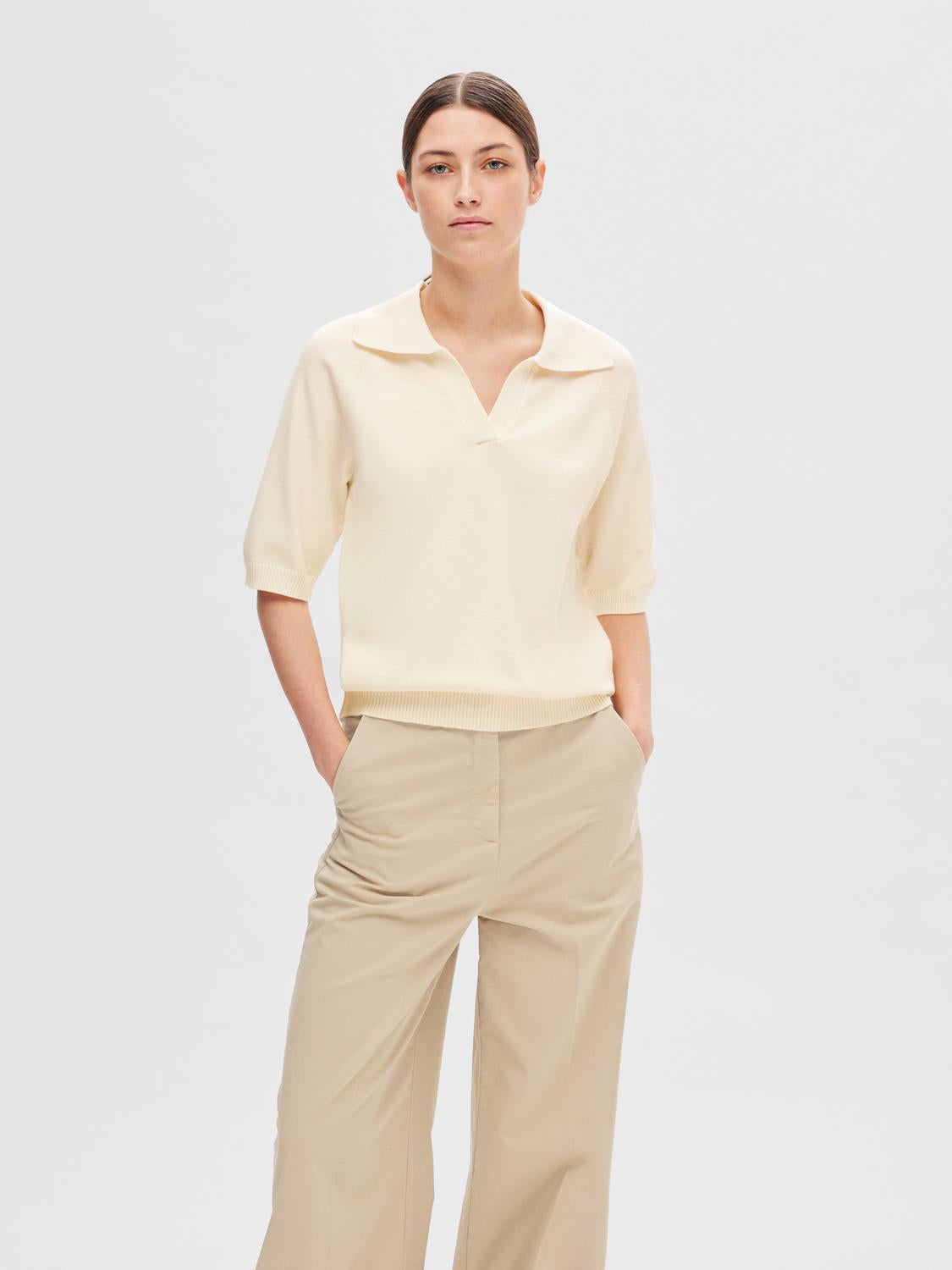 Helena topp med krage - Beige/ Birch