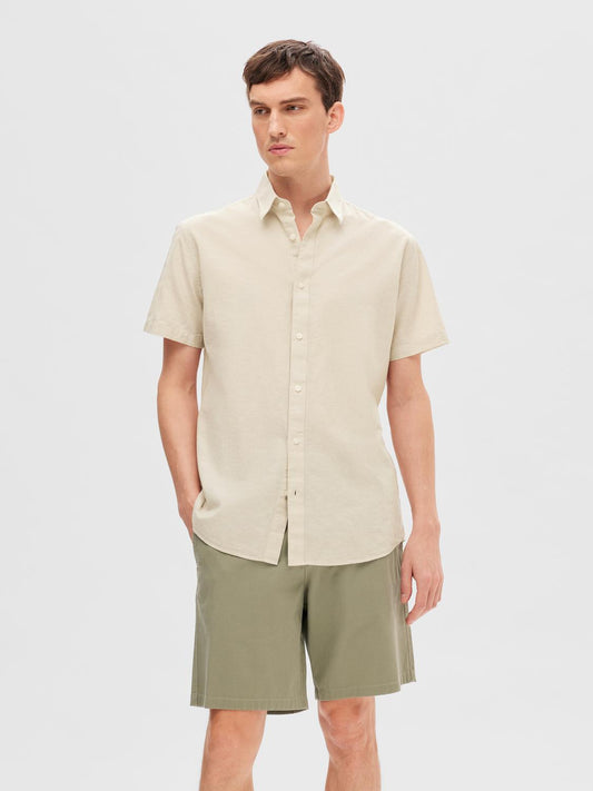 Regular kort arm lin skjorte - Beige/ Pure Cashmere